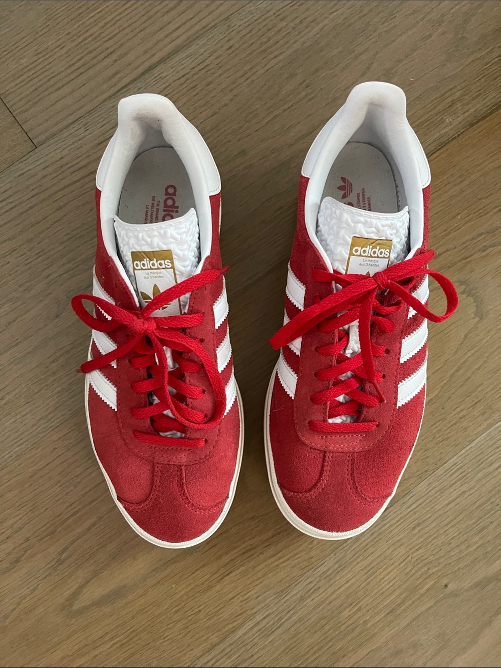 adidas Red Suede Gazelle Platform Sneakers with White Stripes